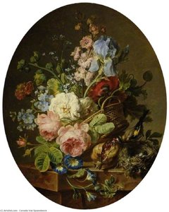 Open Wicker Basket Of Mixed Flowers, Including Iris, Roses, Poppies, Hollyhock, Marigold, Larkspur And Convolvulus On A Marble Ledge — Cornelis Van Spaendonck