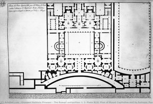 The Roman Antiquities, T. 1, Plate Xliv. Plan Of Mount Capitoline And Its Fortress; Perspective Of The Two Horns Or Stones That Stood In The Sides Of The Capitoline — Giovanni Battista Piranesi