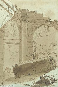 The Ruins Of A Building Classic With A Soldier Near A Shelter