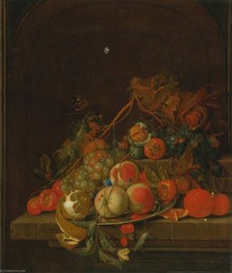 Still life of peaches, grapes, a lemon, oranges and other fruit on a pewter plate resting on a stone ledge with nuts, a grasshopper and a butterfly, all in a niche