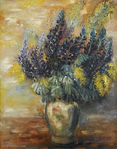 Delphiniums And Mimosas, (1950s) — Reuven Rubin