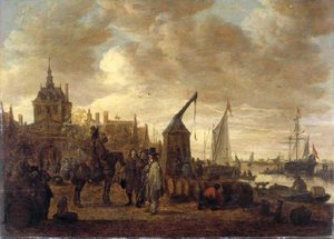 Marchands De Vin Et Dégustateur À Cheval Sur Un Quai À Dordrecht — Jan Josephszoon Van Goyen