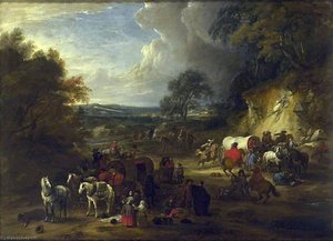 Landscape With Bandits Attacking A Convoy Of Travellers — Adam Frans Van Der Meulen, Baroque