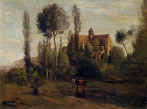 The Church At Essommes, Near The Chateau Thierry — Jean-baptiste-camille Corot, Romantic Landscape Painting