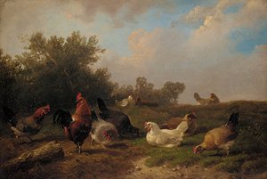 A Cockerell And Hens Feeding By A Tree-stump — Cornelis Van Leemputten