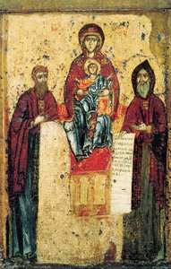 Theotokos of the Caves (Svensk) with the Monks Anthony and Theodosius of the Caves