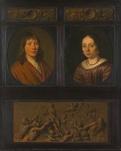 Portraits of a Man and a Woman framed with two ornamental frieze miniatures with shell motif and a Triumph of Amphitrite, Pieter Cornelisz. van Slingelandt, 1678 - 1705