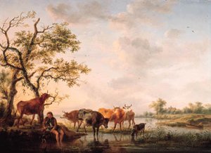 A Cowherd Watering Cattle At Sunset — Balthasar Paul Ommeganck