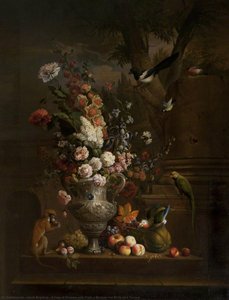A Vase Of Flowers With Fruit, A Monkey And Birds On A Terrace — Jakab Bogdány