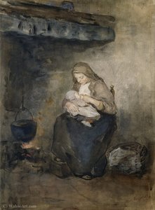 Mother Nursing her Child by the Fireplace