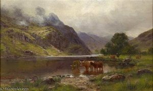 Highland Cattle Watering By The Loch's Edge — Louis Bosworth Hurt
