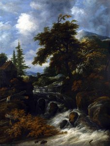 A Waterfall by a Cottage in a Hilly Landscape