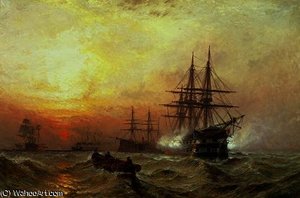 Man-o'-War firing a salute at sunset