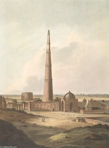 Kuttull Minor, Delhi. The Qutb Minar, An Aquatint — Thomas Daniell