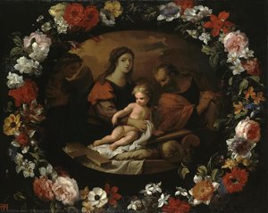 English Holy Family In A Wreath Of Flowers — Erasmus Quellinus Ii, Baroque Splendor