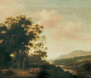 An Extensive River Landscape With Figures On A Road, A Wood To The Left — Herman Saftleven
