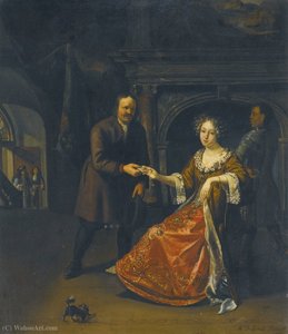 An Elegant Lady Seated In An Interior Receiving A Letter From A Footman — Matthijs Naiveu