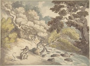 Landscape With Rushing Stream And A Couple On The Bank, Frightened By A Snake — Thomas Rowlandson