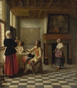 An Interior, With A Woman Drinking With Two Men, And A Maidservant — Pieter De Hooch