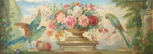 Floral Still Life In An Urn, With Parrots And Peaches In A Garden Setting — David Paton