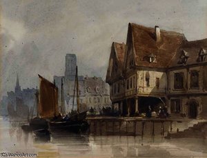 Fishing Boats At A Continental Quayside — Thomas Shotter Boys, Romantic Landscape Painting