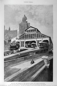 The New York Terminal Of The Brooklyn Bridge, Now Under Construction. From Harper — William Louis Sonntag Junior