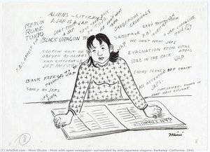 Mine With Open Newspaper, Surrounded By Anti-japanese Slogans, Berkeley, California, 1941 — Miné Okubo