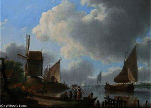 A river landscape with a damlooper and figures on the shore by a windmill