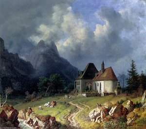 Das Kirchlein Von Hinterriss Im Hintergrund Das Wettersteingebirge — Heinrich Bürkel