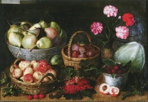 Früchtekörbe, Früchteschale, Porzellankumme, Blumenvase und Gemüse