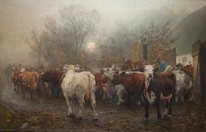 Drivning Cows Out Of He Cowhouse — Otto Bache