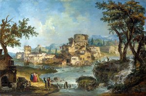 Buildings And Figures Near A River With Rapids — Michele Giovanni Marieschi