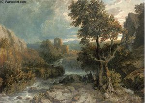Travellers Beside A River Before Castle Ruins At Dusk — William Havell
