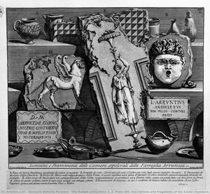 The Roman antiquities, t. 2, Plate XIV. Inscriptions and fragments of the burial chambers of the Family Arrunzia (figures carved from Barbault).
