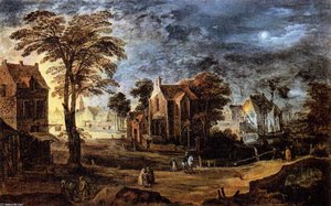 Village At Full Moon — Joos De Momper, Baroque Landscape
