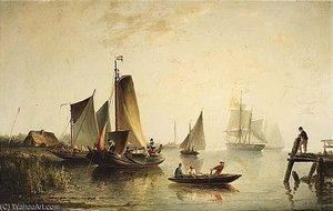 A River Landscape With Sailing Vessels — Nicolaas Riegen