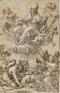 Study for an altarpiece with saint thomas of villanova in glory, the needy receiving alms below