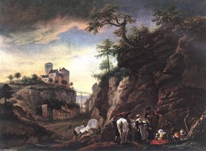 Rocky Landscape With Resting Travellers — Philips Wouwerman