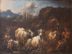 A Shepherd Boy With Sheep, Goats And Cattle — Philipp Peter Roos