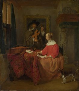 A Woman Seated At A Table And A Man Tuning A Violin — Gabriel Metsu