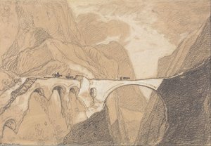 Travellers Crossing A Bridge Over An Alpine Gorge — John Sell Cotman