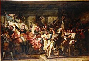 LE MARECHAL NEY REMET AUX SOLDATS DU 76E REGIMENT DE LIGNE LEURS DRAPEAUX RETROUVES DANS L'ARSENAL D'INSPRUCK.7 NOVEMBRE 1805