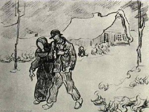 People Walking In Front Of Snow-covered Cottage — Vincent Willem Van Gogh, Post-impressionism
