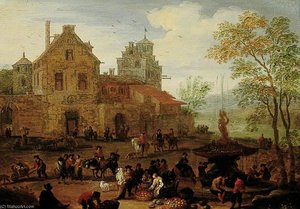 Market Scene By A Fountain