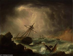 Ships of the royal navy caught in a gale on a lee shore, a dismasted frigate foundering on the rocks in the foreground