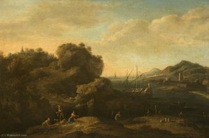 A Rocky Mediterranean Coast with Peasants and a Galley