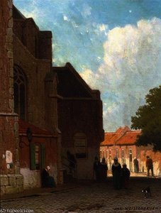 Villagers on a street by a church