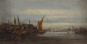 River With Boats And Buildings To Either Side — George Hornblower Simms