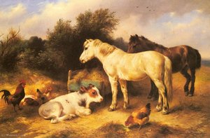 Ponies, A Calf And Poultry In A Farmyard — Walter Hunt