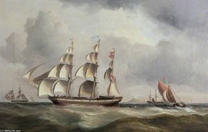 Three-masted Ship Near A Lighthouse — John Wilson Carmichael, Romanticism